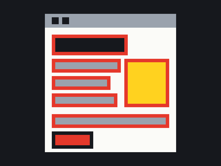 A small web page with a box drawn around each headline, line of text, image and button.