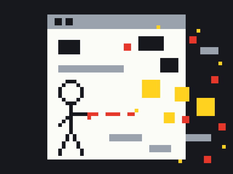 A stickman standing in front of the page, firing. Pieces of the page fly off to the right.
