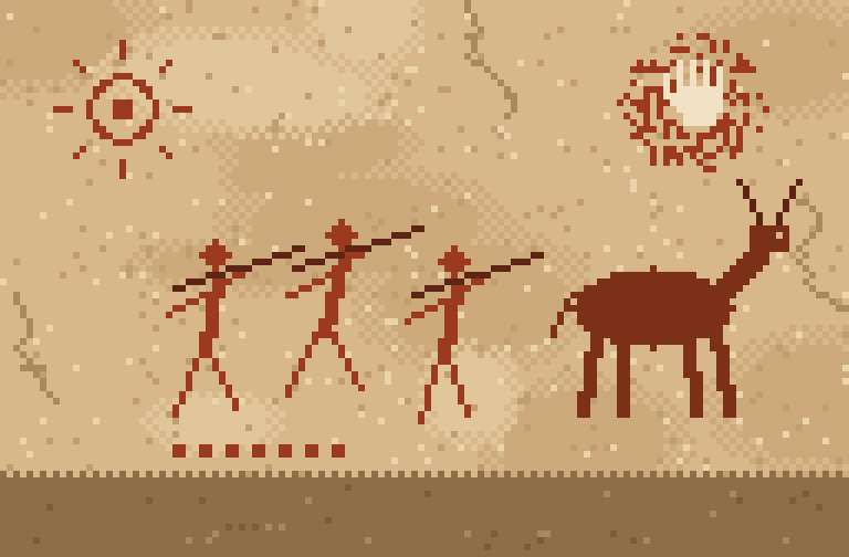 Rock painting of three figures with spears chasing a horned animal, beside a sun and a hand stencil.