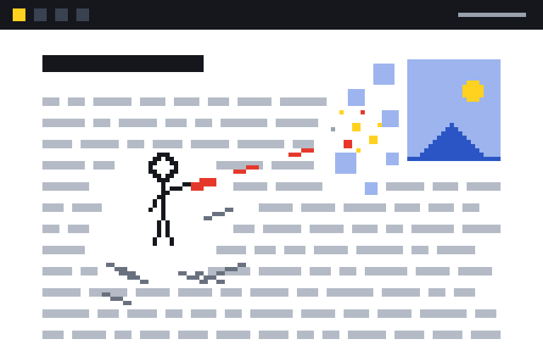 A stick figure standing on a page of text, shooting at a picture that is breaking into squares.