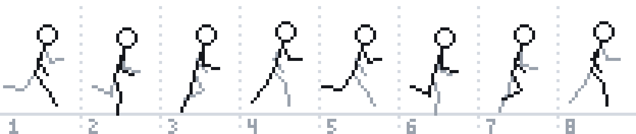 Eight frames of a stick figure running.