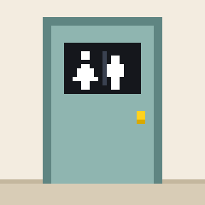 Door with a plaque showing two figures, one of them in a skirt.