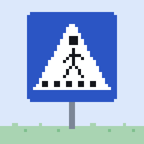 Blue crossing sign showing a walking figure.