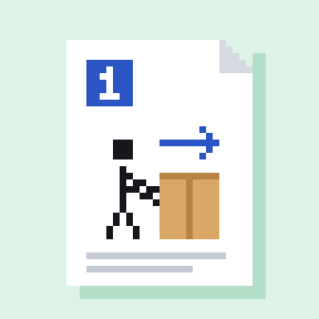Instruction sheet, step one: a figure pushing a box.